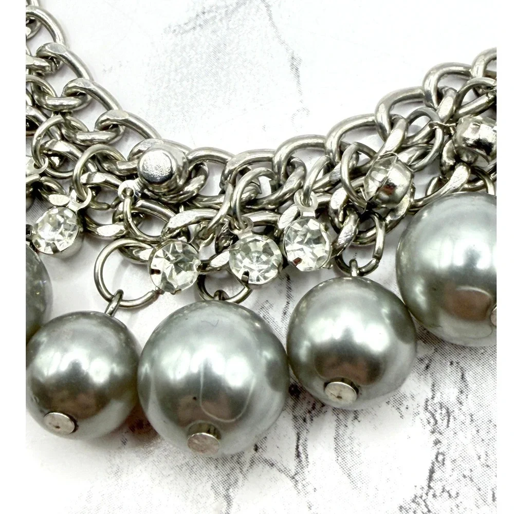 Silver‎ Gray Pearl Statement Necklace Rhinestone Chunky 16-19